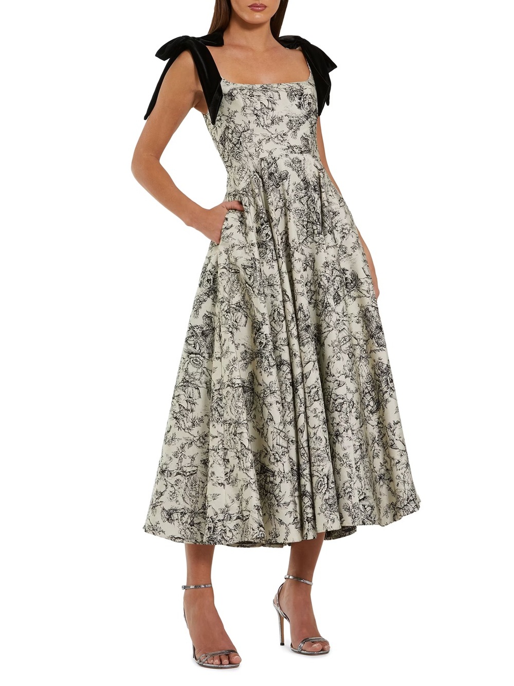 Mac Duggal Black Ivory Brocade A Line Midi Dress With Bow Straps NWT Size 12